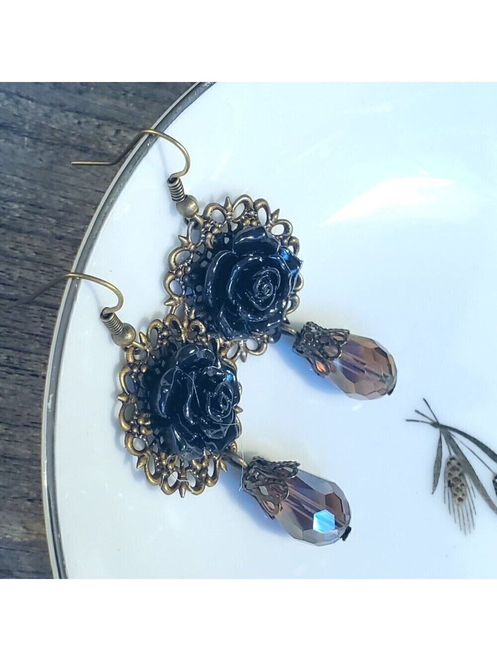 Black Rose Cabochon Teardrop Cut Crystal Bronze Filigree Earrings